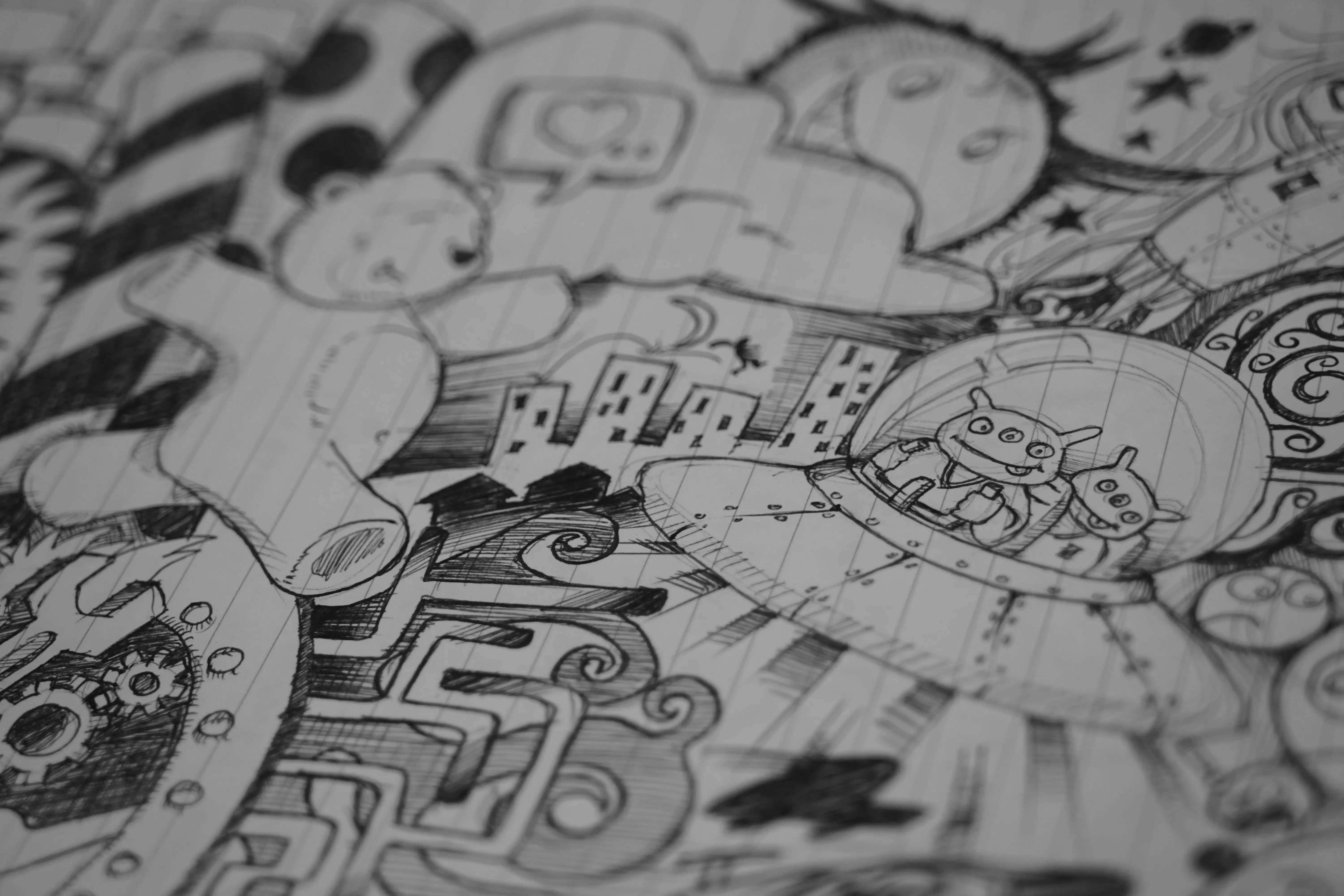 Modern Vs Traditional Creative Design Doodle Art, Black and White